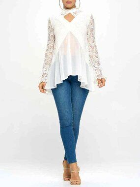 Oh Yes Flowy Lace Trim High Neck Keyhole Tunic Top Long Sleeve White New